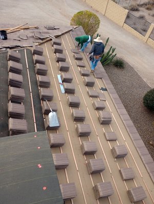 Flat Tile Re-felt - Flat tile Re-felt. Removed old underlayment completely to roof deck. installed new #40 Malarkey UDL underlayment. installed new battens , new valley metals, and the tile re installed.