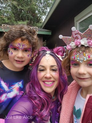 MERMAID FACE Paint + GLITTER GLOW UPS! - Having face paint done can be a bit like going to the spa.
We can bring gems and sparkle to add to face paint for a real glow!
Our entertainers arrive ready to engage children and in fun circus attire with all of the pro supplies and a positive attitude. We love the art and fun we bring - sometimes hula hoops to share go with us too!
Purple Sparkle Mermaid Face Painter brings the extra touches and the fun!
JLA offers Mermaid, Fairy, Unicorn, Circus, Colorful, or Butterfly costumed entertainers.
Just Like Alice brings the party! MERMAID FACE Paint + GLITTER GLOW UPS! - Having face paint done can be a bit like going to the spa.
We can bring gems and sparkle to add to face paint for a real glow!
Our entertainers arrive ready to engage children and in fun circus attire with all of the pro supplies and a positive attitude. We love the art and fun we bring - sometimes hula hoops to share go with us too!
Purple Sparkle Mermaid Face Painter brings the extra touches and the fun!
JLA offers Mermaid, Fairy, Unicorn, Circus, Colorful, or Butterfly costumed entertainers.
Just Like Alice brings the party!