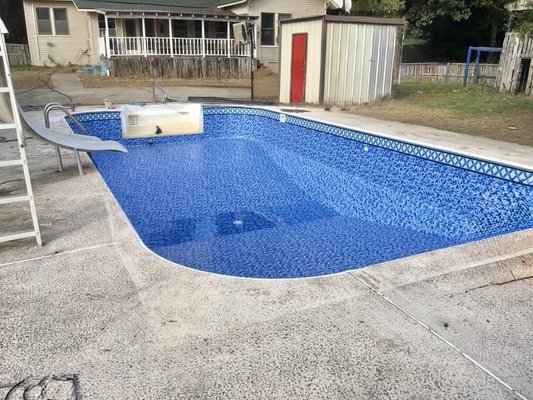 Before & After Liner with skimmer replacement - This pool needed a new liner and a skimmer replacement. We removed the old liner, the bad skimmer, replaced a new skimmer, and new liner, and you can see pool upon completion. Before & After Liner with skimmer replacement - This pool needed a new liner and a skimmer replacement. We removed the old liner, the bad skimmer, replaced a new skimmer, and new liner, and you can see pool upon completion.