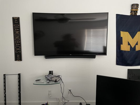 TV Mount Job 6/18/22 - Mounted a 3 tvs, 3 sound bars, & 2 in-wall power kits (wire concealment) for a client recently. Took down all the mounts and re installed them correctly. Before & after in photos. Also provided mounting brackets for sound bars.