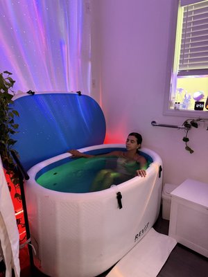 Cold Plunge / Ice Bath contrast therapy - RevX cold plunge
• Cools to 39 F and heats to 103 F
• UV and multi stage filtration
• No bleach or harsh chemicals
• Water checked daily and changed every 5 days

Benefits
• Supports circulation
• Helps with soreness and inflammation
• Can improve energy and mood
• Great for contrast therapy with sauna

How to use
• Start slow ten to sixty seconds
• Breathe steady and relax your shoulders
• Keep shoulders under the water
• Exit if you feel lightheaded
• Use warmer temps for gentle recovery

cold plunge cold therapy contrast therapy circulation recovery wellness Brea wellness room energy reset
Dopamine Detox