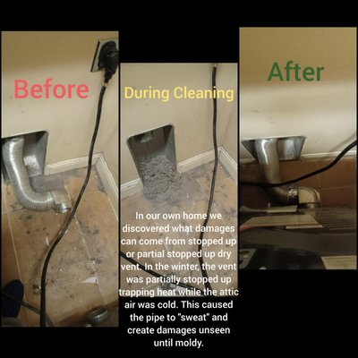 Dryer Vent cleaning - Dryer vent cleaning services!
We had an issue in our own home. 
During 2 winters we did not know our dryer vent was partially stopped up. 
This trapped hot air in the vent while cold air was in the attic causing the vent to "sweat"(condensate).
This rotted some would slowly and developed the black mold on the back surface of the ceiling sheetrock before we ever discovered.
We do this once a year at our own home.