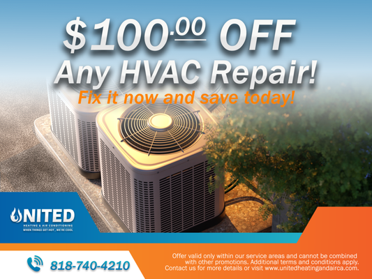 HVAC Repairs for Summer! ☀️ - $100 Off Any HVAC Repair – This Summer Only!
Need a fix? United Heating & Air is here to help with fast, reliable service. Right now, you’ll receive $100 off any repair! 

Stay comfortable without overspending. Call us to book your service today!