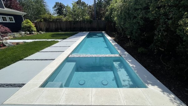 Lap Pool in Menlo Park, CA. - Lap pool with built in spa, safety pool cover, backyard drainage and concrete around pool, patio, and front entry from in Menlo Park, CA. Lap Pool in Menlo Park, CA. - Lap pool with built in spa, safety pool cover, backyard drainage and concrete around pool, patio, and front entry from in Menlo Park, CA.