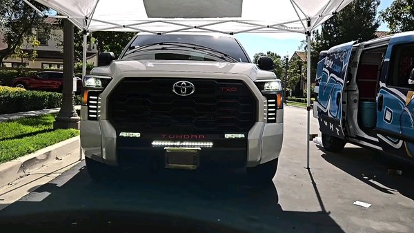 2025 Tundra Stealth LED Light Bar. Switchback DRL - Customer wanted a major upgarde without anyone knowing. He wanted it look as if it was OEM option on the car. we installed powerful stealth 20 inch LED Bar. also removed the plastic covers and replaced it with switchback white DRL with Amber turn signal. This LED DRL has a sequence start up. you can see video on our Instagram page.
We cut out the light bars switch and installed OEM style switch. wire the switch to light up when activated to prevent accidentally being left on.
also hid all wires running under the hood for a clean seemless work. 2025 Tundra Stealth LED Light Bar. Switchback DRL - Customer wanted a major upgarde without anyone knowing. He wanted it look as if it was OEM option on the car. we installed powerful stealth 20 inch LED Bar. also removed the plastic covers and replaced it with switchback white DRL with Amber turn signal. This LED DRL has a sequence start up. you can see video on our Instagram page.
We cut out the light bars switch and installed OEM style switch. wire the switch to light up when activated to prevent accidentally being left on.
also hid all wires running under the hood for a clean seemless work.