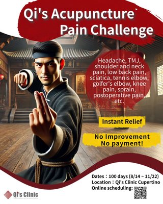 Instant Pain Relief - Different to other acupunctures, we focus on regulating the Qi flow inside human body, not only in meridians, but also in ZangFu.

This technique is invented by Chinese doctor Daniel Fan and his research team. First demonstrated in their books since 2017, which was inherited from the ancient Master Huang Yuanyu, The Imperial Doctor of Qianlong in the Qing Dynasty.

This most unique feature of Qi acupuncture is its fast effects. Pain and other symptoms can be improved very fast and it can be used to adjust the balance of the meridians and ZangFu organs, which will trigger recovery of all kinds of disease.

Call us today to schedule an appointment!