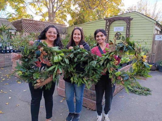 November Holiday Wreath Workshop - At our annual Holiday Wreath Workshop, we used foraged Magnolia, Bay, and Redwood leaves, succulent cuttings,  Leland Cypress cone rosettes, and dried flowers.