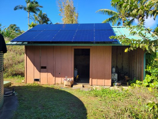 Off Grid system upgrade in Haiku - Our customer in Haiku purchased a house with an existing old off grid system. We initially were called to do a system assessment were we recommended some upgrades.
From his existing system we recommended keeping the inverter/ charge controller setup, while replacing the batteries, the panels and the main electrical panel. We also added a convenient monitoring system. Off Grid system upgrade in Haiku - Our customer in Haiku purchased a house with an existing old off grid system. We initially were called to do a system assessment were we recommended some upgrades.
From his existing system we recommended keeping the inverter/ charge controller setup, while replacing the batteries, the panels and the main electrical panel. We also added a convenient monitoring system.