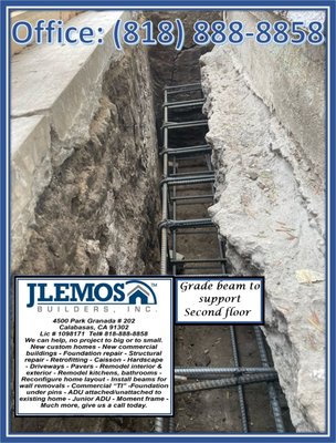 Under pin foundation slab - Our team added a second story to our clients home. Had to underpin at several locations of the existing home foundation. To support the new second floor. Discover your home or business potential with our complimentary estimates. call us today 818-888-8858, obligation-free. Transparency fuels success; embark on your journey. 
- We build new custom homes from, ground up
- New commercial builder from the ground up
- Foundation repair
- Caisson 
- Hardscape and Landscape 
- Remodel interior
- Remodel exterior
- Remodel commercial “TI”
- under pins 
- ADU attached unattached to existing home 
-Junior ADU
- Structural repair commercial and residential

Address: 4500 Park Granada Suite # 202        
Calabasas, Ca 91302 
Hours 7am - 4pm 
Phone 818-888-8858