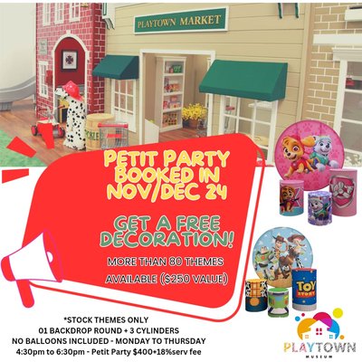 Weekday Party Bookings at Playtown Museum - Playtown Museum is the perfect spot for unforgettable weekday birthday parties for children ages 0 to 6. We offer three types of party bookings to make your celebration easy and fun:
DIY Party: Bring your own decorations and refreshments while we provide the space, including access to all our play stations, slide, and toddler area for endless fun.
Essential Party: We handle the basics—party setup, decorations, and cleanup—so you can focus on celebrating. Your child and guests will enjoy full access to our play area for an engaging, worry-free experience.
Relax & Enjoy Party: Sit back while we take care of everything! From custom decorations to food and activities, we handle all the details so you can fully enjoy the day with your little one.
We also offer custom party options to create a unique experience tailored to your vision. Weekday parties at Playtown Museum are fun, flexible, and easy to plan! Weekday Party Bookings at Playtown Museum - Playtown Museum is the perfect spot for unforgettable weekday birthday parties for children ages 0 to 6. We offer three types of party bookings to make your celebration easy and fun:
DIY Party: Bring your own decorations and refreshments while we provide the space, including access to all our play stations, slide, and toddler area for endless fun.
Essential Party: We handle the basics—party setup, decorations, and cleanup—so you can focus on celebrating. Your child and guests will enjoy full access to our play area for an engaging, worry-free experience.
Relax & Enjoy Party: Sit back while we take care of everything! From custom decorations to food and activities, we handle all the details so you can fully enjoy the day with your little one.
We also offer custom party options to create a unique experience tailored to your vision. Weekday parties at Playtown Museum are fun, flexible, and easy to plan!