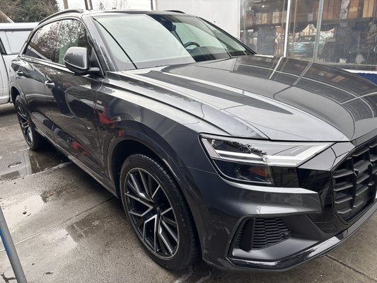 Exterior and Interior Detail - We serviced David’s beloved Audi Q8 with a Full Detail and ceramic coating. We started by deep cleaning the interior, meticulous attention to detail, steam cleaning carpets and floor mats, cleaning and condition leather seats. The exterior service consisted of a wash, clay bar, and decontamination. Two levels of polishing and applying 9H ceramic coating (3 year protection). We compliment all of this with a crystal clear window cleaning and deep and thorough wheel clean and dressing Exterior and Interior Detail - We serviced David’s beloved Audi Q8 with a Full Detail and ceramic coating. We started by deep cleaning the interior, meticulous attention to detail, steam cleaning carpets and floor mats, cleaning and condition leather seats. The exterior service consisted of a wash, clay bar, and decontamination. Two levels of polishing and applying 9H ceramic coating (3 year protection). We compliment all of this with a crystal clear window cleaning and deep and thorough wheel clean and dressing