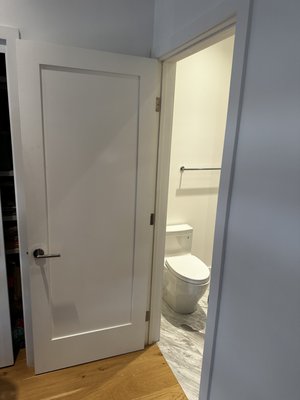 Interior Door Replacement - The owner of this house requested we invert the swing of his bathroom door to allow for more space. We removed the door, flipped the hinges, then patched where the hinges had previously been. Painted both sides and the owner had a brand new door- and more bathroom space!