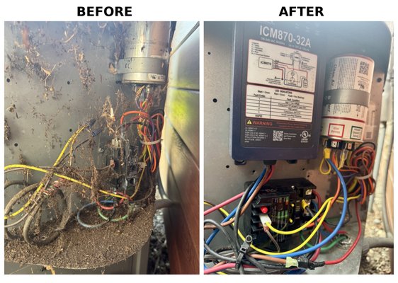 Disaster Avoided - When our team opened this electrical cabinet, here’s what we found — a tangle of overheated wiring, a failed connector, and an electrical compartment packed with bark dust. One bad day away from a much bigger problem.

The homeowner didn’t just want it patched. They wanted it done right. So we went to work.

Here’s what the full system enhancement included:

✅ Complete electrical system rebuild
✅ Solid-state electrical distribution component (USA-made, 5-year warranty)
✅ Premium voltage enhancement device — American-made, 5-year warranty
✅ Soft-start kit for reduced startup power draw and compressor protection
✅ Whole-system surge protection

The result? Clean, safe, and built to last — with the peace of mind that comes from knowing your system is protected from the ground up.

If your AC is struggling to start, tripping breakers, or just hasn’t been looked at in a while — don’t wait for a moment like this one. A maintenance visit can catch problems before they become emergencies.