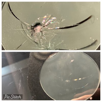 Rock chip repairs before and after. - Our rock chip repair formula is designed do repair the damaged glass structural integrity so that it does not spread. We guarantee our rock chips for life! If it ever spreads from a repair we made we will put double the money paid for the repair towards a new windshield!