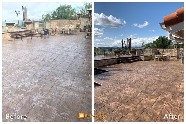 Tile and Grout Cleaning - Unfortunately, some tile and grout sealers start to fail over time. This exterior backyard patio was sealed using topical sealer which starting to fail and flake over time. First, we stripped the surface. Then, we deep cleaned the tile and grout using our specialized equipment. After the stripping and cleaning process was complete we let the surface dry and applied new sealer. Good as new. Tile and Grout Cleaning - Unfortunately, some tile and grout sealers start to fail over time. This exterior backyard patio was sealed using topical sealer which starting to fail and flake over time. First, we stripped the surface. Then, we deep cleaned the tile and grout using our specialized equipment. After the stripping and cleaning process was complete we let the surface dry and applied new sealer. Good as new.