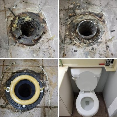 Toilet Flange and Wax Ring Replacement - Emergency Call- Old Corroded toilet Flange caused water damage to lower unit due to cracks in Flange. Was able to replace with new healthy Cast-iron Flange along with new bolts and wax ring. Toilet Flange and Wax Ring Replacement - Emergency Call- Old Corroded toilet Flange caused water damage to lower unit due to cracks in Flange. Was able to replace with new healthy Cast-iron Flange along with new bolts and wax ring.