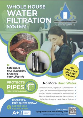 The solution to hard water troubles lies in eliminating calcium and magnesium, and nothing does it better than a whole-house water softener - Whole House Water Filter System
Introducing the cutting-edge Whole House Water Filter System by Quique’s Water Conditioning. Our state-of-the-art filtration system is engineered to provide you with pristine, purified water throughout your entire home. With a commitment to quality and excellence, Quique’s Water Conditioning has designed a system that ensures the removal of impurities, contaminants, and unwanted particles from your water supply.