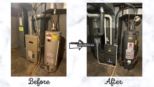 Before / After - Visual Examples of Past Projects
HVAC & Water Heater Replacement
In this project we Replaced a Single stage 10 SEER Air Conditioner and Single stage 80% efficient Furnace With a 16 SEER Two stage Air Conditioner and 96% efficient, two stage gas furnace with variable speed blower motor
Also to improve the quality of air, we added a whole house Humidifier and Media filter Cabinet with 5" filter for less maintenance and better filtration Before / After - Visual Examples of Past Projects
HVAC & Water Heater Replacement
In this project we Replaced a Single stage 10 SEER Air Conditioner and Single stage 80% efficient Furnace With a 16 SEER Two stage Air Conditioner and 96% efficient, two stage gas furnace with variable speed blower motor
Also to improve the quality of air, we added a whole house Humidifier and Media filter Cabinet with 5" filter for less maintenance and better filtration
