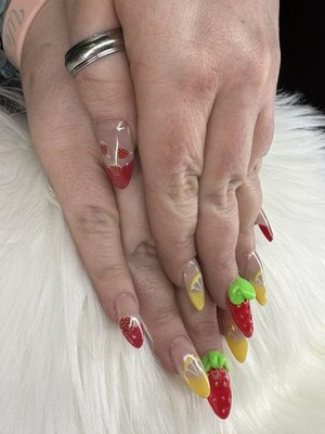 Gel X Set - These are a set of Gel X extensions with 3D strawberries. Lots of fun! Perfect for Summer Gel X Set - These are a set of Gel X extensions with 3D strawberries. Lots of fun! Perfect for Summer
