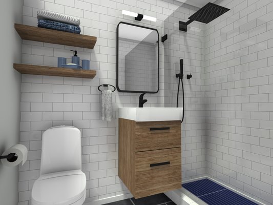 Efficiency - White subway tile & matte black fixtures star in this Scandinavian-inspired design that includes a wall-mounted vanity, open shelving, and a frameless glass door. All materials have been selected by our award-winning design team to brighten up small spaces on a budget. We handle all orders and delivery in-house for a seamless customer experience. Efficiency - White subway tile & matte black fixtures star in this Scandinavian-inspired design that includes a wall-mounted vanity, open shelving, and a frameless glass door. All materials have been selected by our award-winning design team to brighten up small spaces on a budget. We handle all orders and delivery in-house for a seamless customer experience.