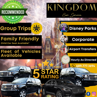5 Star Executive Car Service - Kingdom Car is a luxury black car service headquartered in Orlando, Florida. We are known for our 5 star reliable and trustworthy customer experience. We specialize in transportation for corporate meetings, weddings, date nights, concerts and other special occasions. Whatever your occasion may be, Kingdom Car has you covered.
Our fleet of luxury vehicles feature leather interior, heated seats, sunroof, advanced in-vehicle technology such as bluetooth capabilities, wifi and ipod/aux input. Our team of chauffeurs are professionally dressed in black-tie attire exuding chivalry and courtesy and attentively hold the door open as you enter and exit the vehicle.
Kingdom Car is known for its family friendly experience. We value families traveling to Orlando with their children to enjoy Disney World, Epcot, Universal, Seaworld and theme park family vacations. Our vehicles feature the top of the line child car seats and child booster seats free of charge. We provide you a hassle-free experience for your cruise pick-ups and drop-offs at Port Canaveral and Cape Canaveral. 5 Star Executive Car Service - Kingdom Car is a luxury black car service headquartered in Orlando, Florida. We are known for our 5 star reliable and trustworthy customer experience. We specialize in transportation for corporate meetings, weddings, date nights, concerts and other special occasions. Whatever your occasion may be, Kingdom Car has you covered.
Our fleet of luxury vehicles feature leather interior, heated seats, sunroof, advanced in-vehicle technology such as bluetooth capabilities, wifi and ipod/aux input. Our team of chauffeurs are professionally dressed in black-tie attire exuding chivalry and courtesy and attentively hold the door open as you enter and exit the vehicle.
Kingdom Car is known for its family friendly experience. We value families traveling to Orlando with their children to enjoy Disney World, Epcot, Universal, Seaworld and theme park family vacations. Our vehicles feature the top of the line child car seats and child booster seats free of charge. We provide you a hassle-free experience for your cruise pick-ups and drop-offs at Port Canaveral and Cape Canaveral.