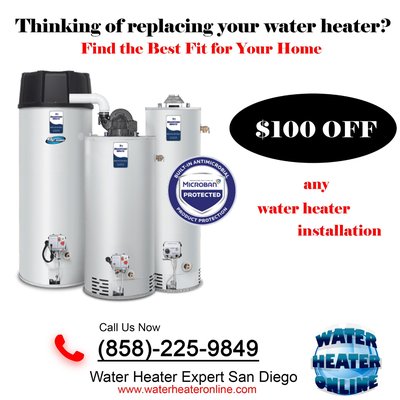 $100 OFF any water heater installation - $100 Bradford White water heater installation. $100 OFF any water heater installation - $100 Bradford White water heater installation.
