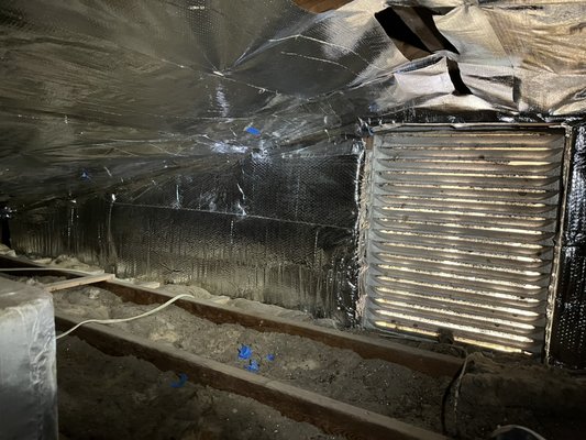 Full Attic Radiant Barrier - The job was carried out using a double-sided fiber reinforced radiant barrier, which was securely stapled across the top cord trusses of the roof. A ventilation opening was made at the roof's ridge cap to facilitate the release of heat through the attic. The gable was insulated with a double bubble radiant barrier, which was also double-sided and stapled to the truss webbing. After that, it was bonded with radiant barrier silver tape to the fiber reinforced radiant barrier. The gable radiant barrier was carefully custom-cut to fit around the existing ventilation system, ensuring a snug and secure fit while allowing for proper airflow. Full Attic Radiant Barrier - The job was carried out using a double-sided fiber reinforced radiant barrier, which was securely stapled across the top cord trusses of the roof. A ventilation opening was made at the roof's ridge cap to facilitate the release of heat through the attic. The gable was insulated with a double bubble radiant barrier, which was also double-sided and stapled to the truss webbing. After that, it was bonded with radiant barrier silver tape to the fiber reinforced radiant barrier. The gable radiant barrier was carefully custom-cut to fit around the existing ventilation system, ensuring a snug and secure fit while allowing for proper airflow.