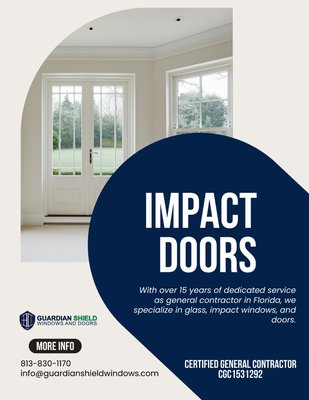 Impact Doors - Variety of Doors by Guardian Shield Windows and Doors.
At Guardian Shield Windows and Doors, we provide a wide selection of high-quality doors designed to enhance the beauty, security, and energy efficiency of your home. Our doors are crafted to withstand the toughest weather conditions, including impact resistance from hurricane hits, ensuring your home remains safe and secure.
-Our Door Options Include:
-Entry Doors: Elevate the entrance of your home with our stylish and durable entry doors.
Available in various designs, finishes, and customizable options to match your aesthetic preferences.
-Patio Doors: Seamlessly blend indoor and outdoor living with our elegant and functional patio doors. These doors offer easy access to your outdoor spaces while providing excellent insulation and security.
-Sliding Doors: Optimize space and add a modern touch with our smooth-operating sliding doors. Perfect for tight spaces, these doors provide a sleek look and excellent performance.
-French Doors: Add a touch of elegance with our classic French doors. These doors feature large glass panels that allow natural light to flood your interiors while providing superior insulation and security.
-Key Features:
-Impact Resistance:
Our doors are engineered to be impact resistant, offering protection against hurricane hits and ensuring the safety of your home.
-Energy Efficiency:
Designed with advanced insulation properties to help reduce energy costs and maintain a comfortable indoor environment.
-Durability:
Built to endure harsh weather conditions, our doors maintain their beauty and functionality over time.
-Contact Us:
Email:
Info@GuardianShieldWindows.com
Location:
8270 Woodland Center Blvd
#150, Tampa, FL 33614
Phone:
(813) 123-4567
Website:
https://guardianshieldwindows.com
Explore our variety of door options at Guardian Shield Windows and Doors and discover the perfect solution to enhance your home. We look forward to assisting you! Impact Doors - Variety of Doors by Guardian Shield Windows and Doors.
At Guardian Shield Windows and Doors, we provide a wide selection of high-quality doors designed to enhance the beauty, security, and energy efficiency of your home. Our doors are crafted to withstand the toughest weather conditions, including impact resistance from hurricane hits, ensuring your home remains safe and secure.
-Our Door Options Include:
-Entry Doors: Elevate the entrance of your home with our stylish and durable entry doors.
Available in various designs, finishes, and customizable options to match your aesthetic preferences.
-Patio Doors: Seamlessly blend indoor and outdoor living with our elegant and functional patio doors. These doors offer easy access to your outdoor spaces while providing excellent insulation and security.
-Sliding Doors: Optimize space and add a modern touch with our smooth-operating sliding doors. Perfect for tight spaces, these doors provide a sleek look and excellent performance.
-French Doors: Add a touch of elegance with our classic French doors. These doors feature large glass panels that allow natural light to flood your interiors while providing superior insulation and security.
-Key Features:
-Impact Resistance:
Our doors are engineered to be impact resistant, offering protection against hurricane hits and ensuring the safety of your home.
-Energy Efficiency:
Designed with advanced insulation properties to help reduce energy costs and maintain a comfortable indoor environment.
-Durability:
Built to endure harsh weather conditions, our doors maintain their beauty and functionality over time.
-Contact Us:
Email:
Info@GuardianShieldWindows.com
Location:
8270 Woodland Center Blvd
#150, Tampa, FL 33614
Phone:
(813) 123-4567
Website:
https://guardianshieldwindows.com
Explore our variety of door options at Guardian Shield Windows and Doors and discover the perfect solution to enhance your home. We look forward to assisting you!