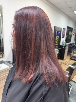 Corrective color by Jody a great look Salon from black to red beauty. - This was a difficult correction it took six hours to achieve. First I used a color remover by gold well to remove the black color then we use all nutrient 5RB hair color.we used K 18 for the integrity of her hair then we balayage and used a gloss by shades 7RR with a touch of violet additive. Corrective color by Jody a great look Salon from black to red beauty. - This was a difficult correction it took six hours to achieve. First I used a color remover by gold well to remove the black color then we use all nutrient 5RB hair color.we used K 18 for the integrity of her hair then we balayage and used a gloss by shades 7RR with a touch of violet additive.