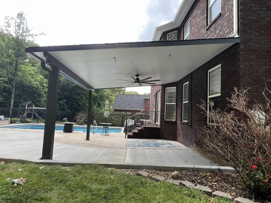 Patio Covers - Bronze 16x20 patio cover completed today. 
Upgraded 3x8 steel beam allows for wide post placement (no middle support needed) 
Supported by decorative 6x6 columns, matching shingles and wired for recess lighting underneath