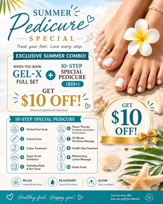 PROMOTION - At Nail Beauty Lounge, we are dedicated to providing a clean, relaxing, and luxurious experience for every guest. Our skilled technicians specialize in Gel-X, manicures, pedicures, nail art, and spa treatments designed to help you look and feel your best.
💅 Featured Promotion:
Summer Special
Receive $10 OFF when you book a Gel-X Full Set together with our 11-Step Deluxe Pedicure ($59+).
Our 11-Step Deluxe Pedicure includes:
• Herbal Foot Soak
• Cuticle Care
• Callus Treatment
• Sugar Scrub Exfoliation
• Hydrating Mask & Hot Towel
• Steam Therapy
• Paraffin Wax Treatment
• Hot Stone Massage (10 mins)
• Moisturizing Care
• Polish Finish
⭐ Clean • Friendly • Professional
📍 410 N Lakeview Ave, Anaheim Hills, CA 92807
📞 (714) 283-5665 PROMOTION - At Nail Beauty Lounge, we are dedicated to providing a clean, relaxing, and luxurious experience for every guest. Our skilled technicians specialize in Gel-X, manicures, pedicures, nail art, and spa treatments designed to help you look and feel your best.
💅 Featured Promotion:
Summer Special
Receive $10 OFF when you book a Gel-X Full Set together with our 11-Step Deluxe Pedicure ($59+).
Our 11-Step Deluxe Pedicure includes:
• Herbal Foot Soak
• Cuticle Care
• Callus Treatment
• Sugar Scrub Exfoliation
• Hydrating Mask & Hot Towel
• Steam Therapy
• Paraffin Wax Treatment
• Hot Stone Massage (10 mins)
• Moisturizing Care
• Polish Finish
⭐ Clean • Friendly • Professional
📍 410 N Lakeview Ave, Anaheim Hills, CA 92807
📞 (714) 283-5665