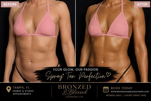 Luxury Spray Tan Results - A customized spray tan designed to give you a beautiful, natural-looking glow without UV exposure. Each tan is tailored to your skin tone and desired depth for an even, bronzed finish. Private studio appointments available in Tampa, with mobile services also available throughout the surrounding areas.
