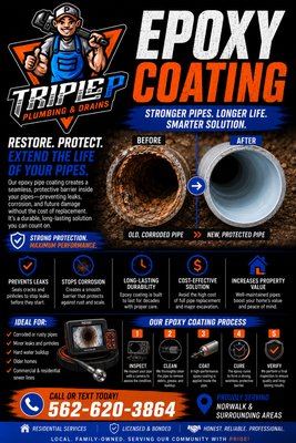 Epoxy Coating - Original cast iron pipes beneath a concrete slab can be difficult and costly to access for traditional repairs. We offer a trenchless rehabilitation solution that restores your existing pipes without major demolition. The process begins by removing scale, rust, and buildup, followed by applying a specialized spray-on epoxy coating that creates a durable protective lining. This helps prevent future corrosion, improves flow, and extends the life of your plumbing system with minimal disruption to your home. Epoxy Coating - Original cast iron pipes beneath a concrete slab can be difficult and costly to access for traditional repairs. We offer a trenchless rehabilitation solution that restores your existing pipes without major demolition. The process begins by removing scale, rust, and buildup, followed by applying a specialized spray-on epoxy coating that creates a durable protective lining. This helps prevent future corrosion, improves flow, and extends the life of your plumbing system with minimal disruption to your home.