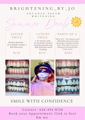 Summer Deals - Book Your summer White Smile - Removing years of unwanted stains in just 1 Hour , Helping you fall in love with your smile again
Instant results same Day
Customize Treatments just for you Summer Deals - Book Your summer White Smile - Removing years of unwanted stains in just 1 Hour , Helping you fall in love with your smile again
Instant results same Day
Customize Treatments just for you