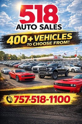 518 Auto largest selection - 400+ vehicles to choose from! At 518 Auto Sales, we make it easy to find the perfect car, truck, or suv for your lifestyle budget. With over 400 quality vehicles in stock, you'll have one fo the largest selections in the area to choose from. From sporty coupes to lifted trucks and family-friendly SUVs, our inventory is packed with options that fit every need. Our friendly team is ready to help you drive away in something you'll love. Call today 757-518-1100 518 Auto largest selection - 400+ vehicles to choose from! At 518 Auto Sales, we make it easy to find the perfect car, truck, or suv for your lifestyle budget. With over 400 quality vehicles in stock, you'll have one fo the largest selections in the area to choose from. From sporty coupes to lifted trucks and family-friendly SUVs, our inventory is packed with options that fit every need. Our friendly team is ready to help you drive away in something you'll love. Call today 757-518-1100