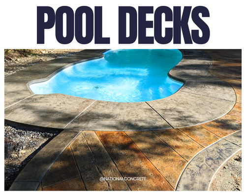 Pool Decks - At National Concrete, we know that a pool deck is more than just a place to dry off—it's the heart of your backyard oasis. Since 2012, we’ve been designing and crafting pool decks that combine rock-solid durability with a touch of luxury. Whether you’re hosting poolside parties or enjoying a quiet afternoon in the sun, our decks are made to turn your pool area into a standout feature of your home.
Looking to elevate your poolside experience with a deck that’s as stylish as it is sturdy? Let’s dive in together and create a pool deck that’s uniquely yours. Reach out today, and let’s get started on making your backyard the envy of the neighborhood! Pool Decks - At National Concrete, we know that a pool deck is more than just a place to dry off—it's the heart of your backyard oasis. Since 2012, we’ve been designing and crafting pool decks that combine rock-solid durability with a touch of luxury. Whether you’re hosting poolside parties or enjoying a quiet afternoon in the sun, our decks are made to turn your pool area into a standout feature of your home.
Looking to elevate your poolside experience with a deck that’s as stylish as it is sturdy? Let’s dive in together and create a pool deck that’s uniquely yours. Reach out today, and let’s get started on making your backyard the envy of the neighborhood!
