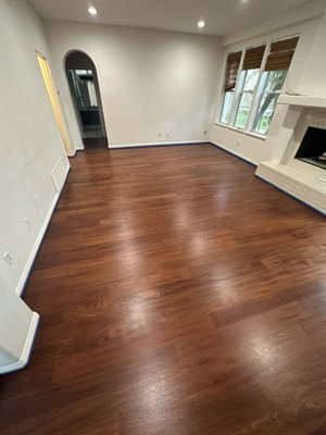 Brazilian Cherry Engineered Wood Floor Refinish - Beautiful Brazilian Cherry hardwood refinished to a rich, smooth luster. Our team restored the natural warmth and depth of this floor, bringing out its timeless character and durability. 3 day job. La Paz Floor Care – proudly serving San Clemente & Orange County since 1971.