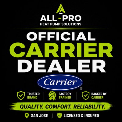 Official Carrier Dealer - We’re proud to be an official Carrier dealer, offering high-efficiency Carrier heating and cooling systems to homeowners across Silicon Valley.

Carrier is one of the most trusted HVAC manufacturers in the industry, known for reliability, comfort, and energy-efficient technology.

Our team installs and services a full range of Carrier systems including:

• Heat pumps
• Air conditioning systems
• Gas furnaces
• Ductless mini-split systems

At All-Pro Heat Pump Solutions, we focus on clean installations, proper system design, and long-term reliability so your home stays comfortable year-round.

CA License #1142736