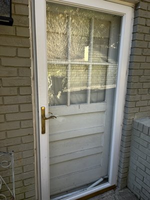 Storm Door Repair - This full-view storm door required replacement laminated glass. Storm Door Repair - This full-view storm door required replacement laminated glass.