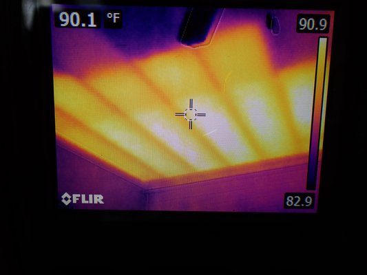 Infrared Imaging - This eight-year-old house was formerly a model home in the community. It has changed owners three times and undergone inspections by the county and several home inspection companies. Using our Flir infrared imaging camera, we identified a spot above the master bedroom ceiling that lacked insulation.