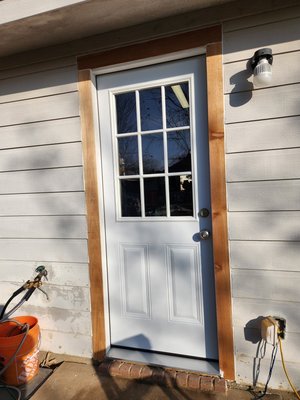 Exterior door replacement - This Door replacement, was done in back of a house, colonial style, in Texas,
We remove the exterior existing door damaged,
we install a new door, New frame, new interior and exterior wood trim as well. Exterior door replacement - This Door replacement, was done in back of a house, colonial style, in Texas,
We remove the exterior existing door damaged,
we install a new door, New frame, new interior and exterior wood trim as well.