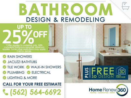 Up to 25% OFF with Home Renew 360 - Transform your bathroom with our special offer! For a limited time, get up to 25% off on all bathroom remodeling projects. At Home Renew 360, we provide expert design and high-quality craftsmanship to create a bathroom that's both functional and beautiful. Don’t miss out on this fantastic deal Up to 25% OFF with Home Renew 360 - Transform your bathroom with our special offer! For a limited time, get up to 25% off on all bathroom remodeling projects. At Home Renew 360, we provide expert design and high-quality craftsmanship to create a bathroom that's both functional and beautiful. Don’t miss out on this fantastic deal