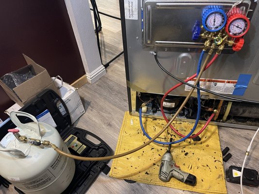 GE Compressor replacement - Replaced corroded discharge line where Freon was leaking and replaced compressor to get refrigerator cooling again GE Compressor replacement - Replaced corroded discharge line where Freon was leaking and replaced compressor to get refrigerator cooling again