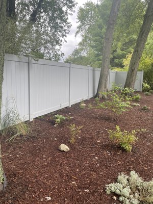 Gray "Oklahoma" Vinyl Privacy Fence - This is a 6' Tall Vinyl Privacy Fence recently installed in Rocky Hill, CT. Vinyl Privacy doesn't have to be just white, we offer different colors as well as wood grain and 2 - tone options. Gray "Oklahoma" Vinyl Privacy Fence - This is a 6' Tall Vinyl Privacy Fence recently installed in Rocky Hill, CT. Vinyl Privacy doesn't have to be just white, we offer different colors as well as wood grain and 2 - tone options.