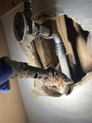 Angle Valve Leak - We repaired the leak by replacing an old galvanized elbow and shut off valve with a new mega press and angle valve. Angle Valve Leak - We repaired the leak by replacing an old galvanized elbow and shut off valve with a new mega press and angle valve.