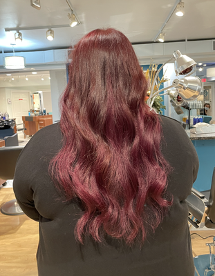 Color and extensions - Starting off with shoulder length hair, refreshed all over color and  a hair cut. Finished with an extension install and soft waves. All services done by Luis.