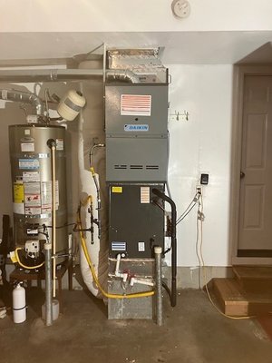 Res Install 2024 - We installed a Daikin Fit heat pump, gas furnace, coil, thermostat, media filter, and surge protector.