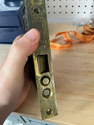 Mortised Lockset modernised - Origianlly I was hoping to fix the lockset. Once I opened it up though, I saw old parts we're missing, probably due to an emergency "fix" done 20+ years ago (according to the customer). So instead, I opted for this nice elegant fix. I used cover plates which both cover all the old installation cavities and holes in the door, and prep the door for a modern lockset. Customer was deffinitley glad to have a functionin door knob again! Mortised Lockset modernised - Origianlly I was hoping to fix the lockset. Once I opened it up though, I saw old parts we're missing, probably due to an emergency "fix" done 20+ years ago (according to the customer). So instead, I opted for this nice elegant fix. I used cover plates which both cover all the old installation cavities and holes in the door, and prep the door for a modern lockset. Customer was deffinitley glad to have a functionin door knob again!