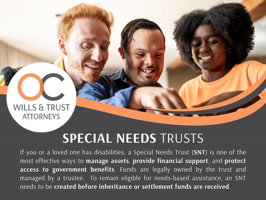Special Needs Trusts Attorneys in Irvine - On December 7, 2016, the Senate approved the 21st Century Cures Act, which includes the Special Needs Trust Fairness Act, allowing legally competent individuals with disabilities to create their own special needs trusts. If you have disabilities and are likely to be eligible for “needs-based” government benefits such as SSI (Supplemental Social Security Income) or Medi-Cal, you may want to consider creating a Special Needs Trust. For more information on how to set up a Special Needs Trust, please call (949) 755-8466  and schedule a free, no-obligation consultation with one of our estate planning attorneys in Irvine.


El 7 de diciembre de 2016, el Senado aprobó la Ley de Curas del Siglo XXI, que incluye la Ley de Equidad de Fideicomisos para Necesidades Especiales, que permite a personas con discapacidades legalmente competentes crear sus propios fideicomisos para necesidades especiales. Si tiene discapacidades y es probable que sea elegible para recibir beneficios gubernamentales “basados ​​en las necesidades”, como SSI (Ingreso Suplementario del Seguro Social) o Medi-Cal, es posible que desee considerar la creación de un Fideicomiso para Necesidades Especiales. Para obtener más información sobre cómo configurar un Fideicomiso para Necesidades Especiales, llame al (949) 755-8466 y programe una consulta gratuita y sin compromiso con uno de nuestros abogados de planificación patrimonial en Irvine.