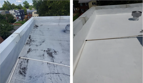 Gaco Silicone Roof Coating — Before & After - A weathered flat roof restored with a clean white Gaco silicone coating — creating a seamless, watertight surface designed for long-term protection. Gaco Silicone Roof Coating — Before & After - A weathered flat roof restored with a clean white Gaco silicone coating — creating a seamless, watertight surface designed for long-term protection.